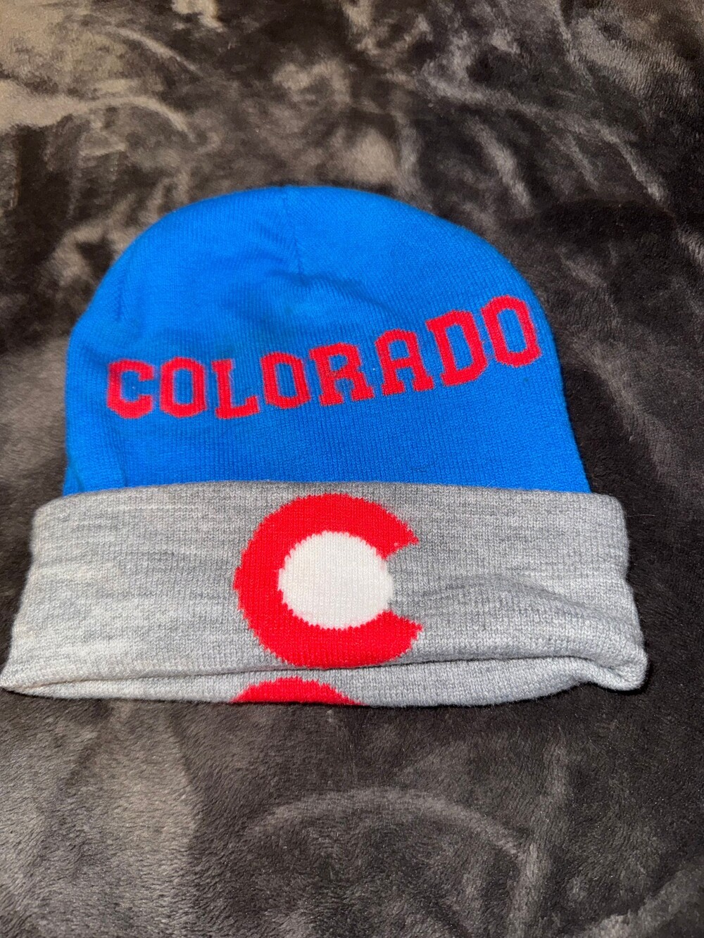 Colorado Knit Beanie Winter Hat Blue Gray Red Fleece Lined